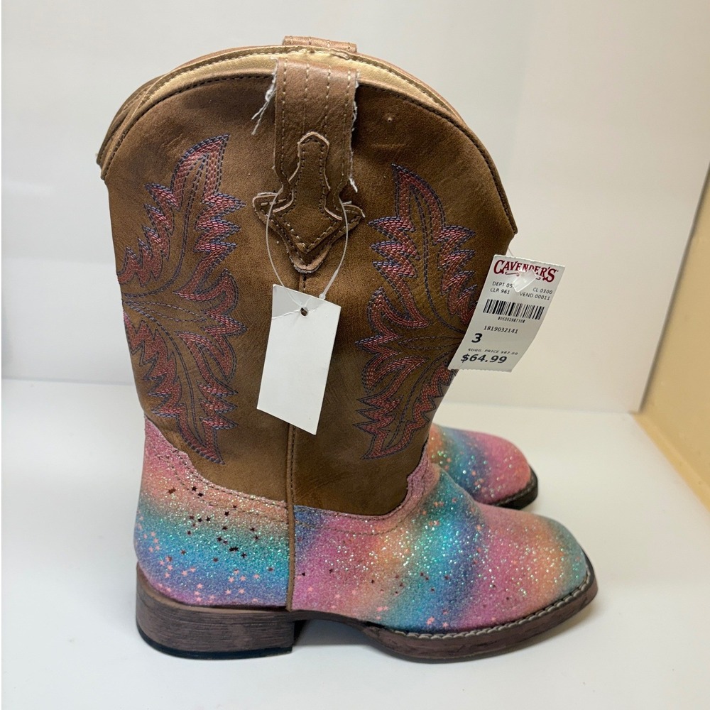 Roper Kids Big Girls Size 3 Rainbow Glitter Square Toe Cowboy Boots .. New